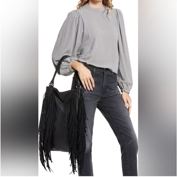 New Area Stars Black Fringe Hobo Shoulder Bag Faux Leather Spacious New w/ Tags - Picture 3 of 14